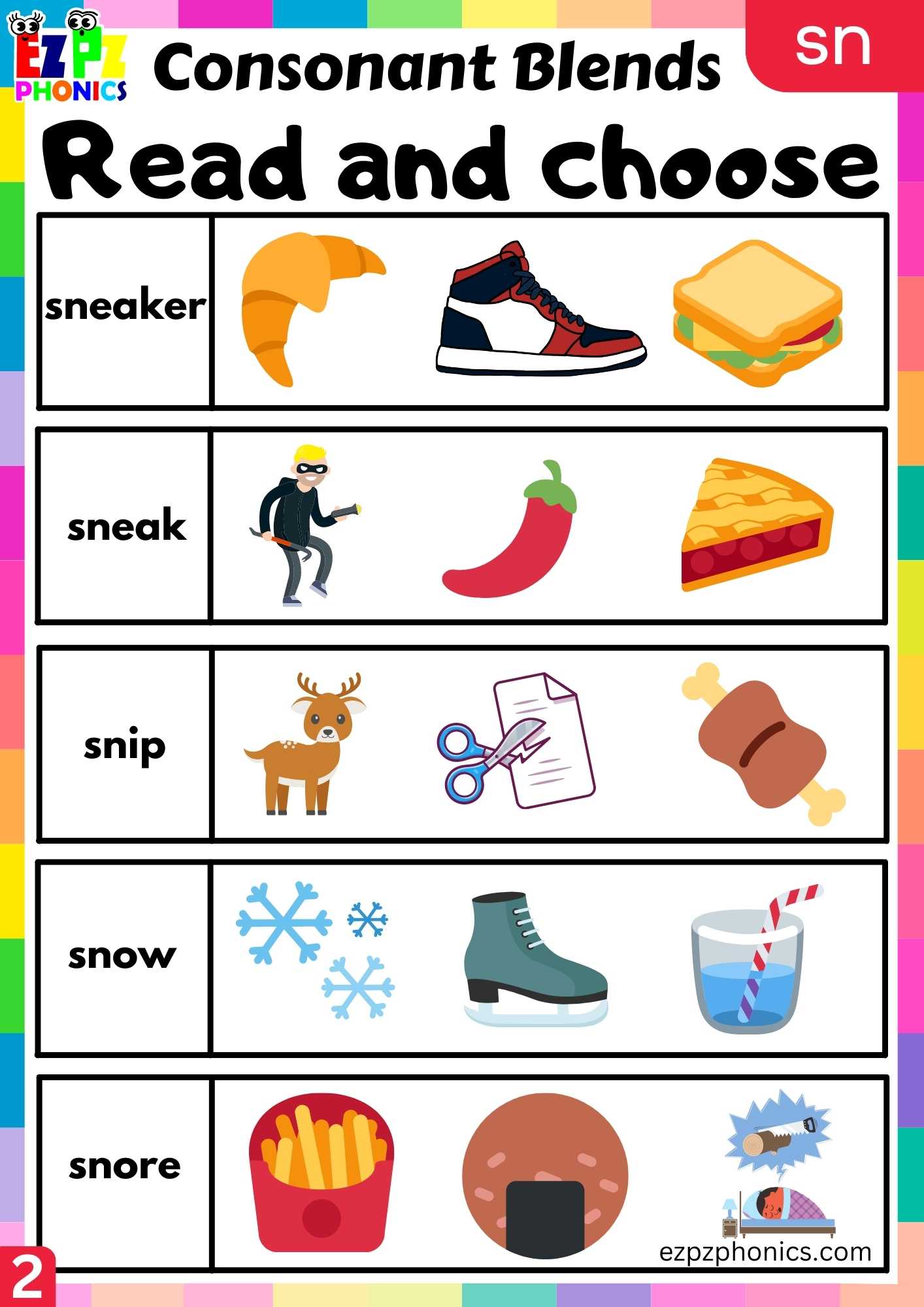 Group2 SN Words Read And Choose Phonics Consonant Blends Worksheet ...